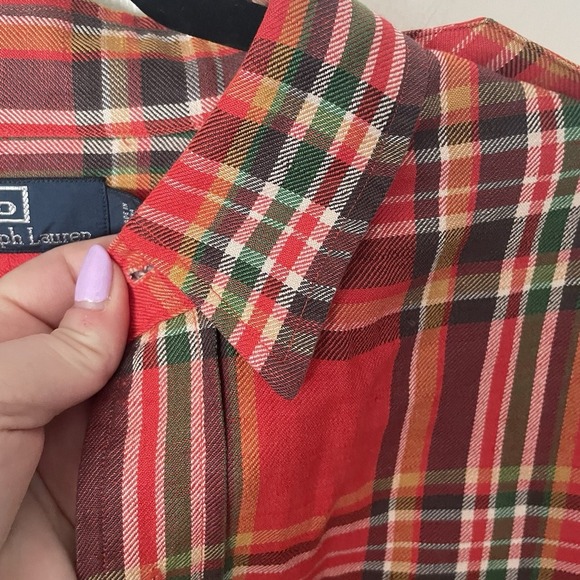 Polo Ralph Lauren Shirt Adult Large Red Plaid Silk Linen Button Up Mens L - Picture 8 of 10